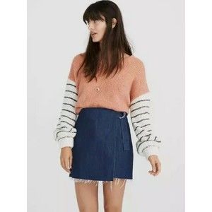 Madewell Denim Skirt Womens Size 0 Dark Blue Jean Raw Hem Mini Wrap Buckle